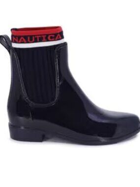 Nautica Women's Logo Sock Chelsea Rain Boot Glossy Navy Rubber Waterproof